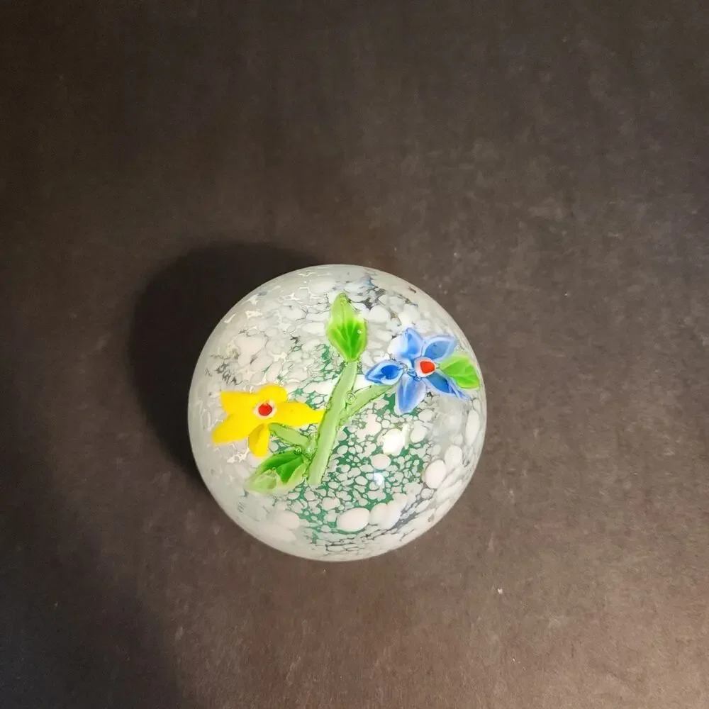 Vtg Art Glass Yellow Blue Flowers Snow Globe 2.5